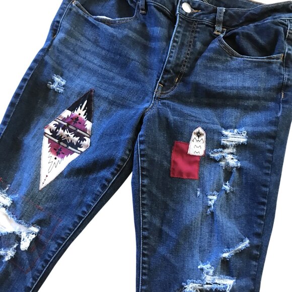 Upcycled Aztec Tribal Patchwork Jeans, Junior Size 12: Distressed Cropped Denim - Picture 10 of 13
